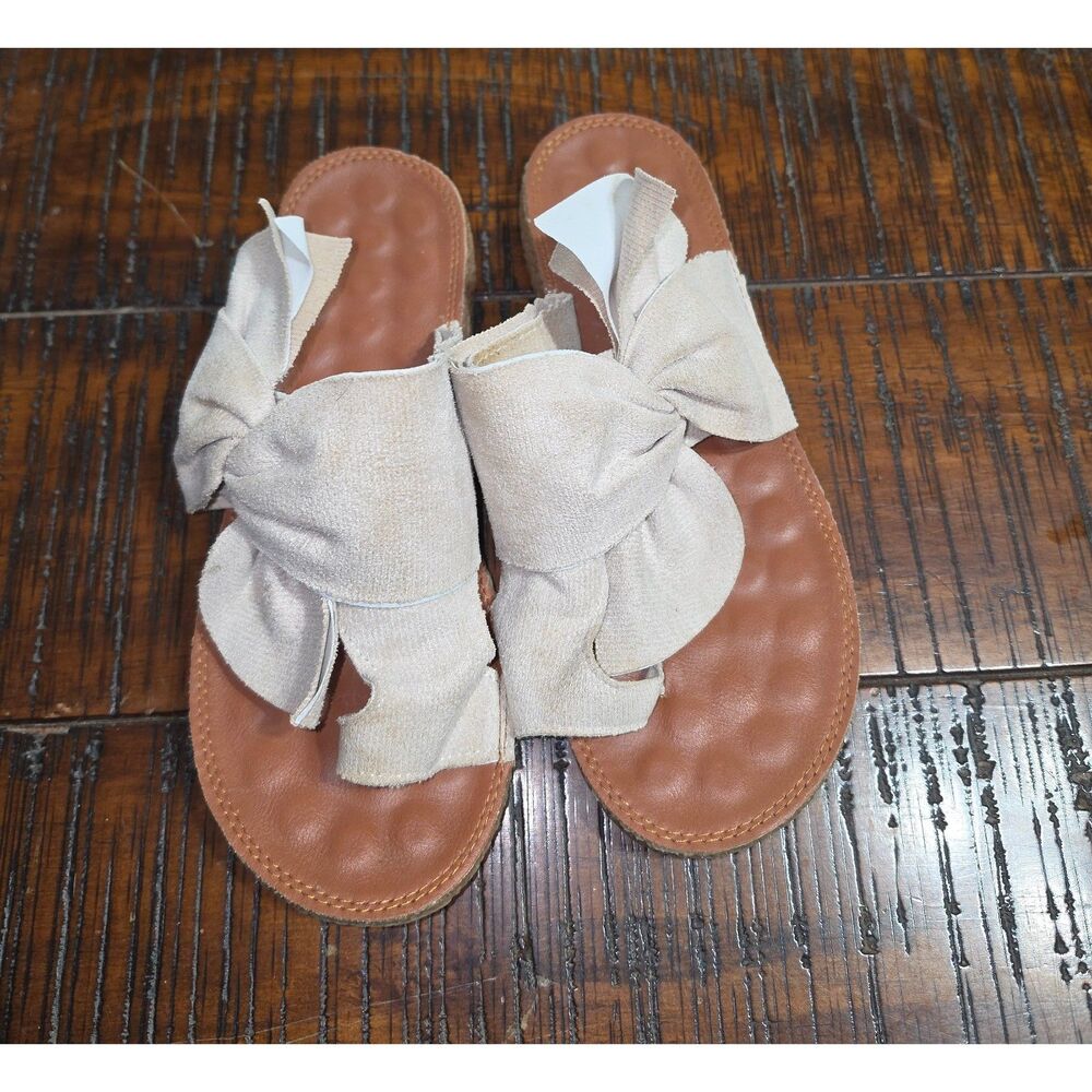 Boho Cream Linen Fabric Bow Slide Sandals Flat Summer Shoes Size 39 / 8